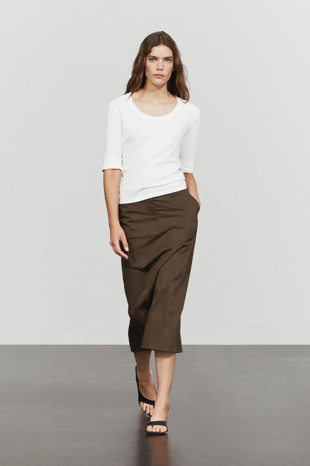 Футболка Massimo Dutti 100% Cotton Scoop Neck, кремовый — фото 3