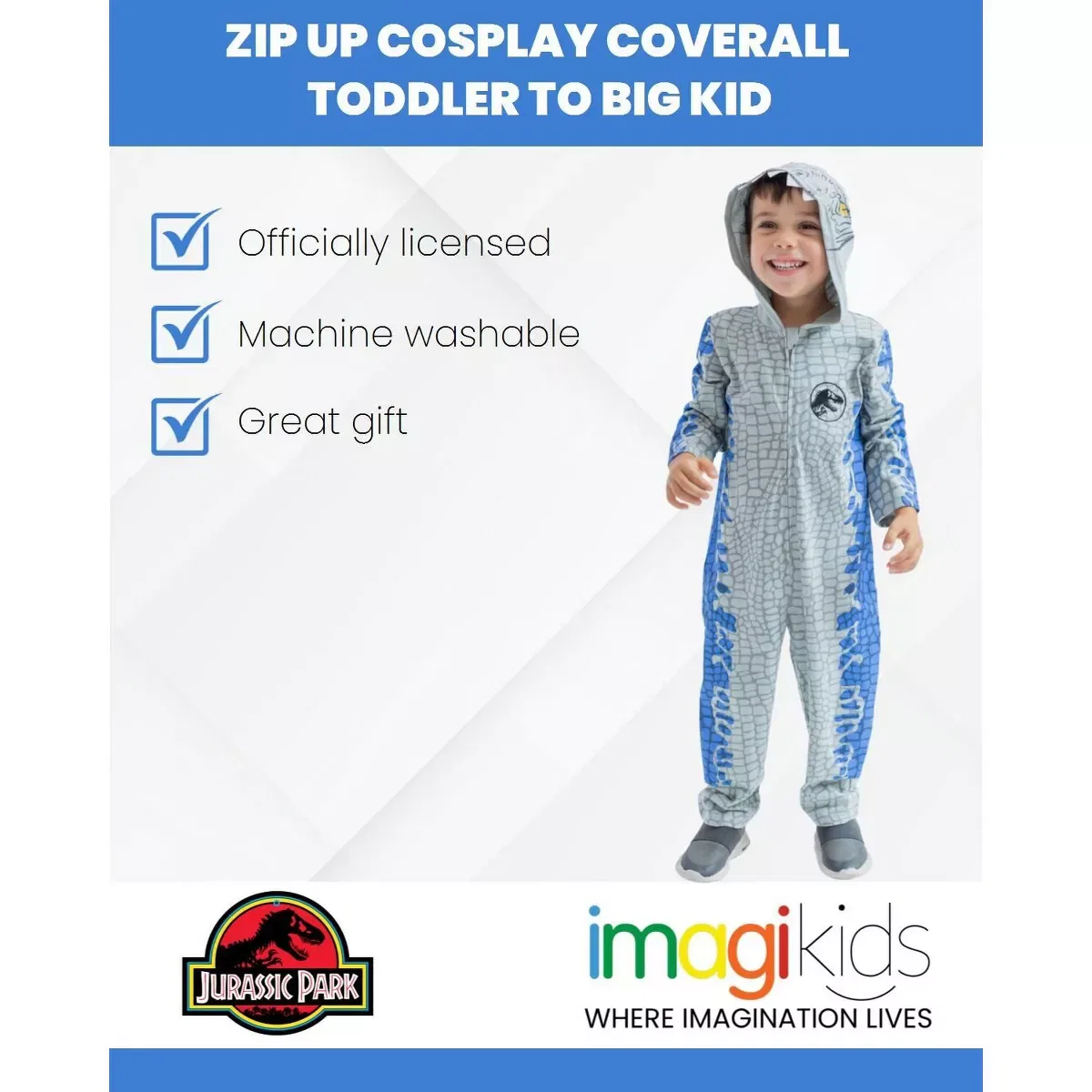 Детский комбинезон-кигуруми с принтом Jurassic World Park Blue, серый — фото 3