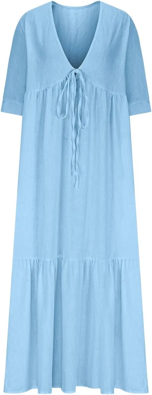 Женское платье-рубашка с V-образным вырезом, 3/4 рукав, макси, Cotton Linen, Blue — фото 4