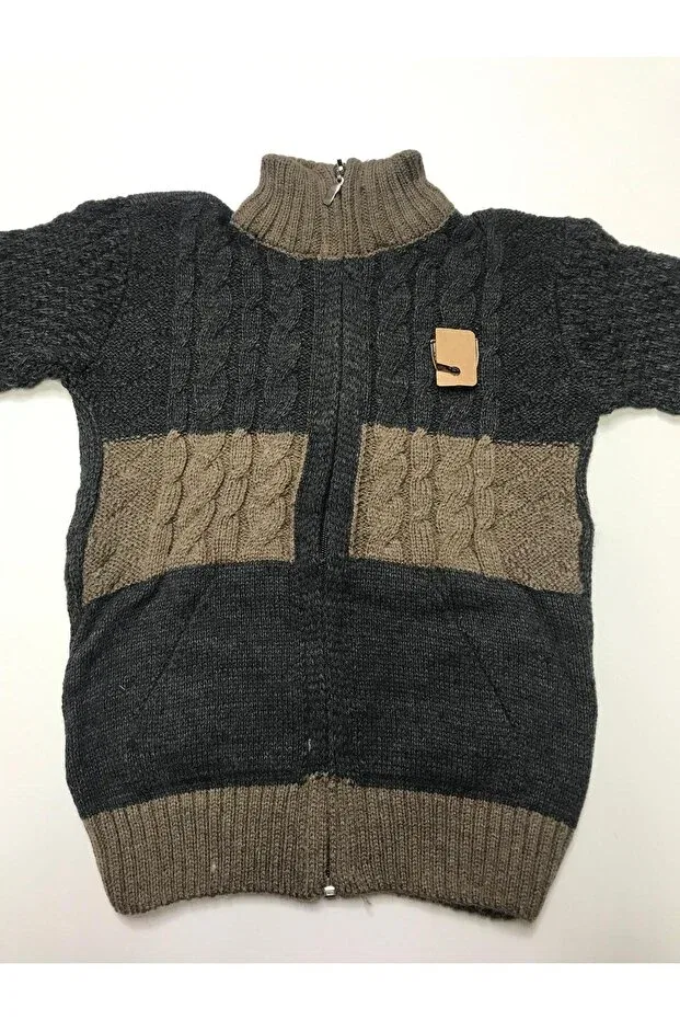 Детский кардиган для мальчиков с ромбовидным узором Winter knitwear patterned judge collar zipper pocket boys sweatshirt cardigan Baby Slon Kids Clup, Anthracite-Coffee — фото 2