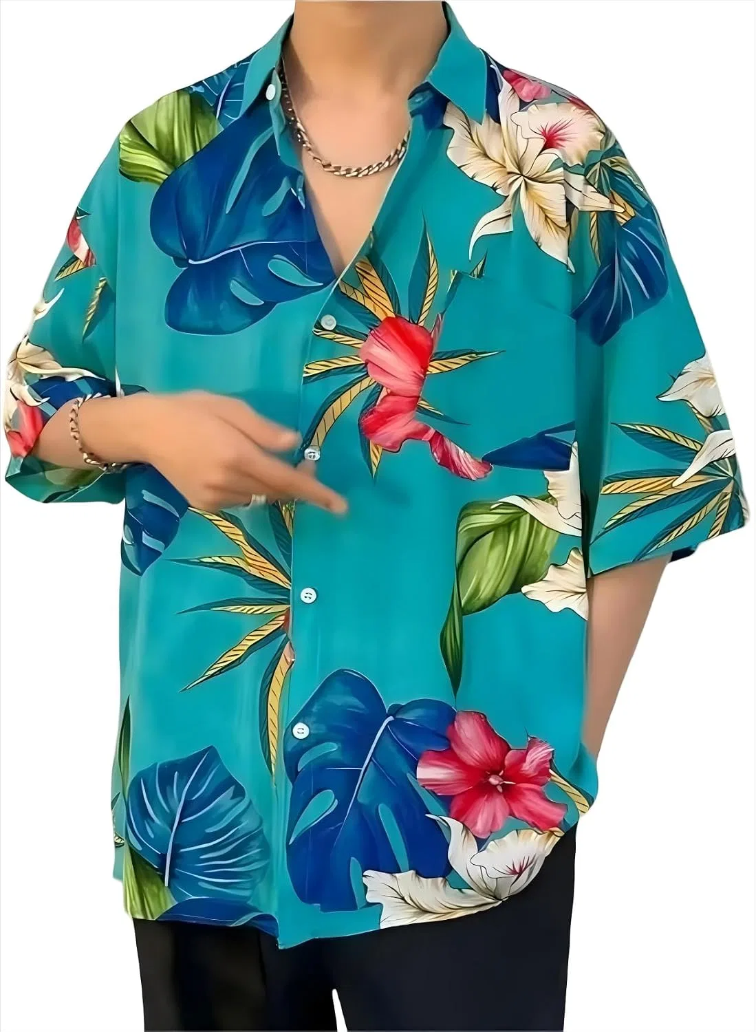 Мужская рубашка с коротким рукавом и тропическим принтом, Floral Print Turquoise