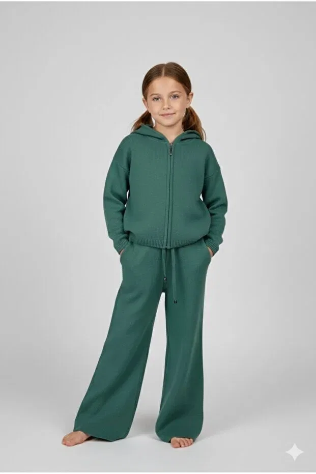 Детский кардиган с капюшоном на молнии, модель Girl'S hooded zippered knitwear cardigan set green color 6/14 years, Ada Yildiz Kids, Green