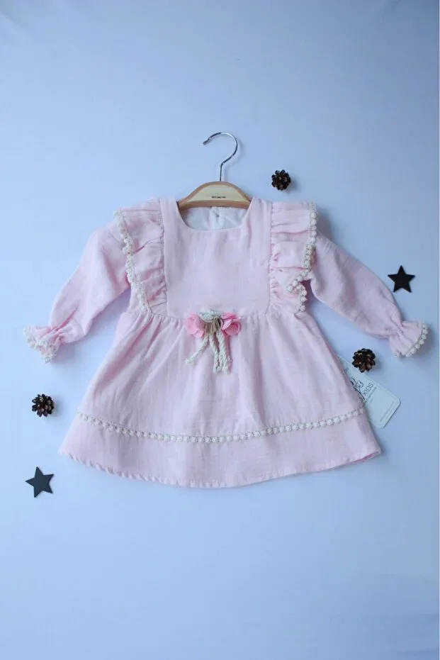 Детское платье для девочек хлопковое с брошью и кружевом Pio Kids, Pink — фото 2