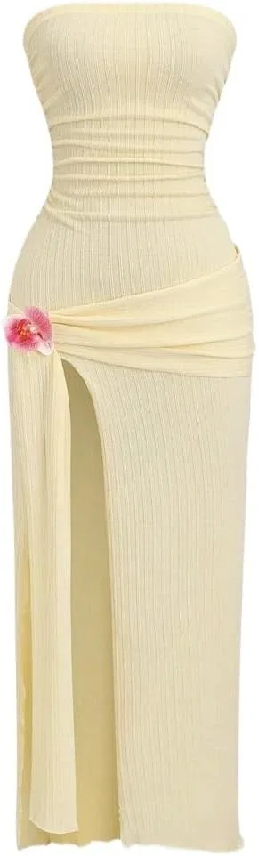 Женское миди платье с разрезом Ruched High Slit, Yellow