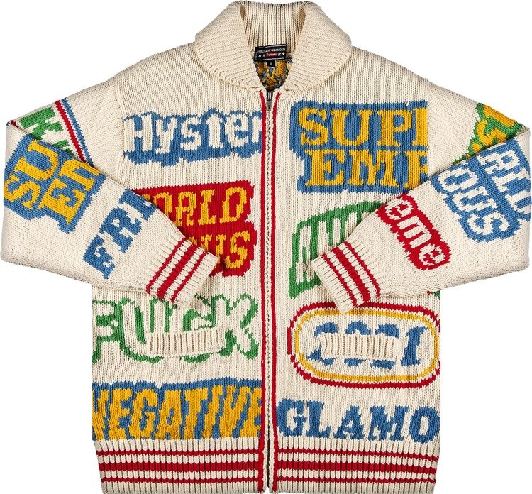 

Свитер Supreme x Hysteric Glamour Logos Zip Up Sweater 'Natural', кремовый, Бежевый, Свитер Supreme x Hysteric Glamour Logos Zip Up Sweater 'Natural', кремовый