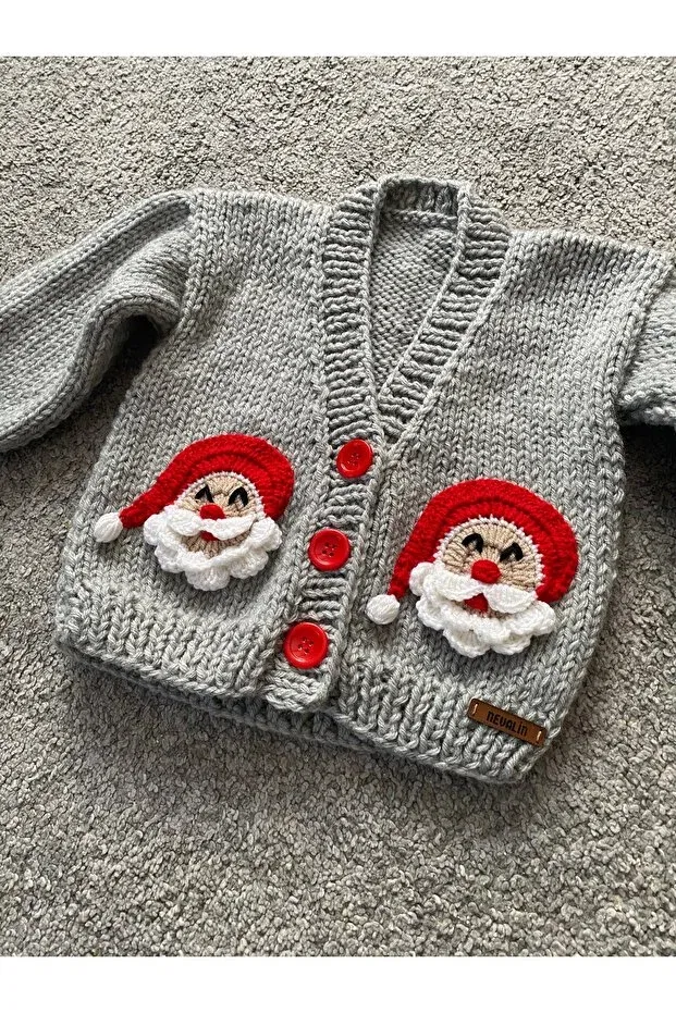 Детский кардиган с новогодним принтом Hand knitted christmas santa claus figured children's unisex cardigan Nevalin, Gri — фото 3