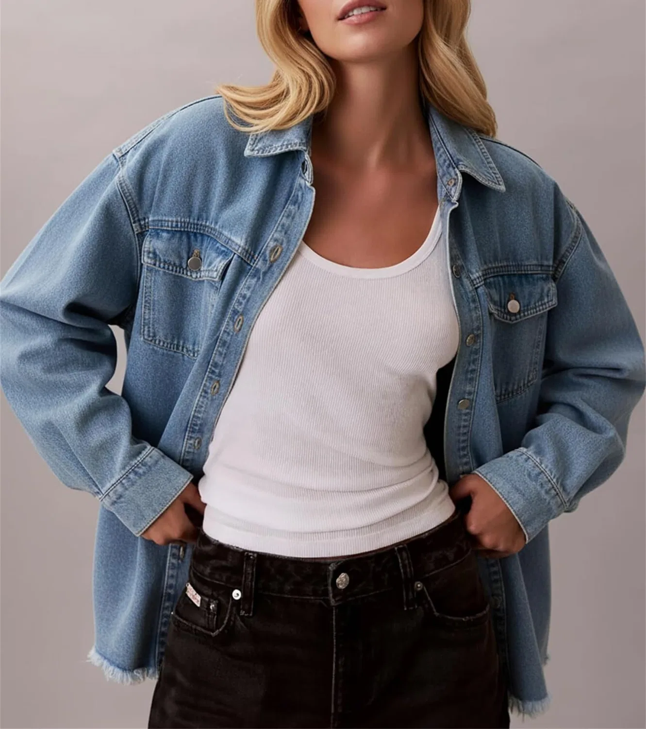 Женская джинсовая куртка оверсайз boyfriend с пуговицами, Denim Blue — фото 3
