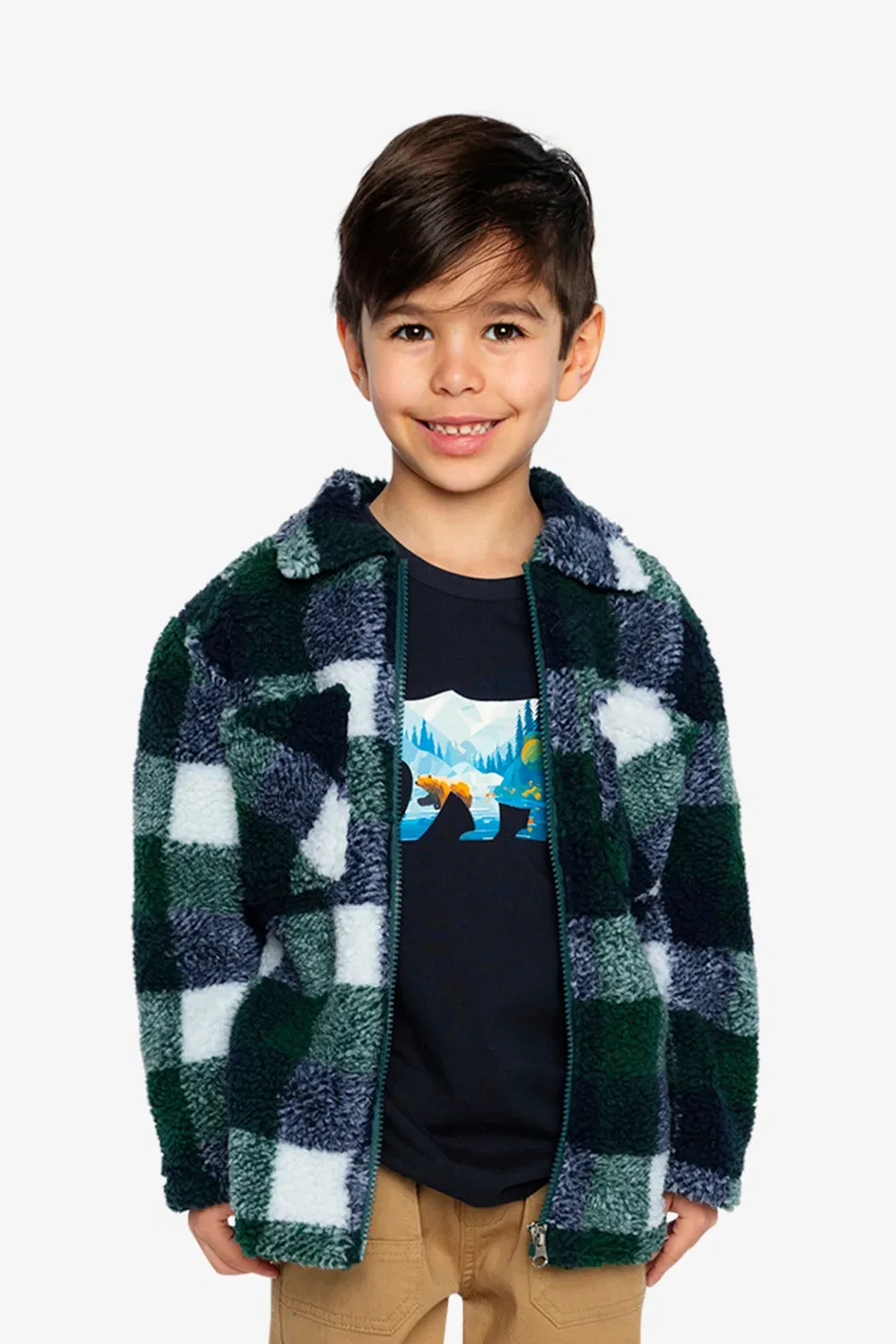 Детская рубаха-куртка на молнии с принтом Zipped Overshirt Deux par Deux, Blue and Green Checks — фото 2