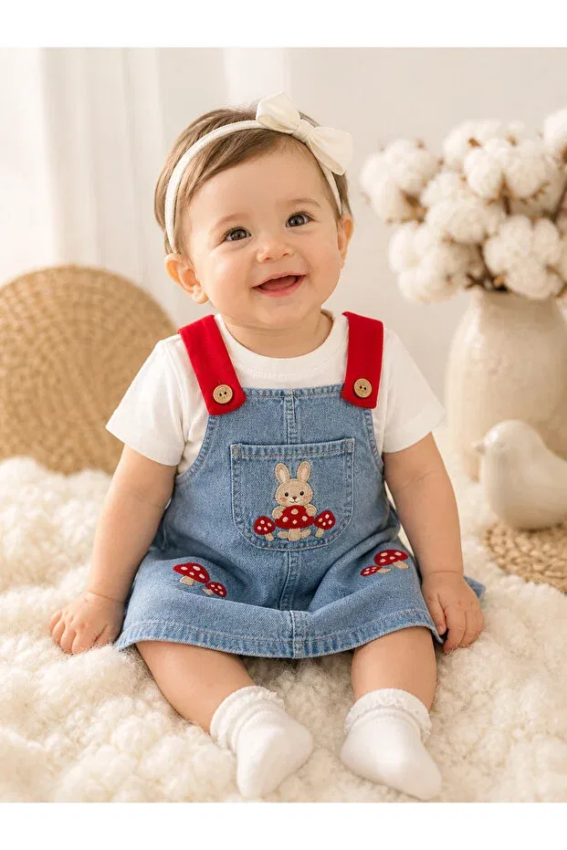 Детский комбинезон-сарафан для девочек с принтом Rabbit Mushroom Embroidery Detailed Baby Girl Salopet Dress Set of 2 Aslin Store, Blue — фото 2