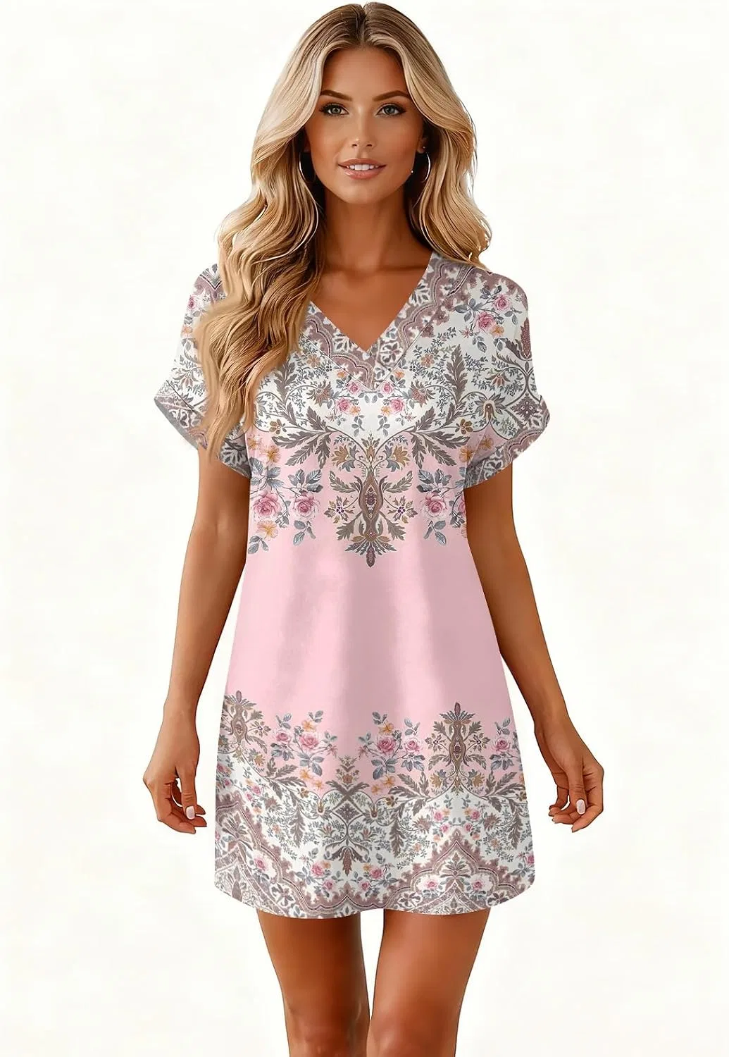 Женское повседневное платье с V-образным вырезом Tshirt Dress, Pink — фото 2