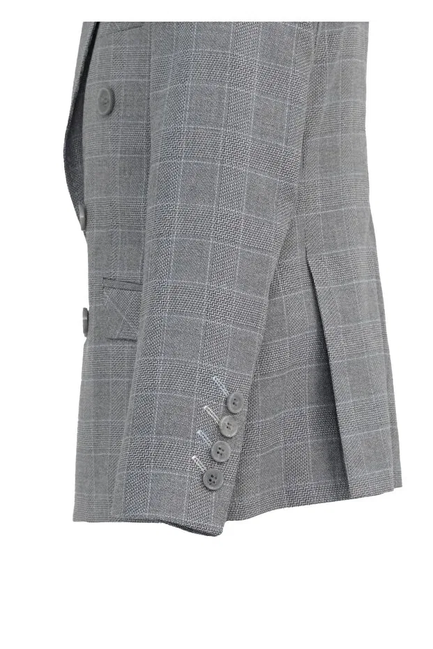 Детский для девочек пиджак с принтом Boy'S gray plaid patterned wide collar half patterned lined double-breasted sports blazer jacket Micio, Gray — фото 4