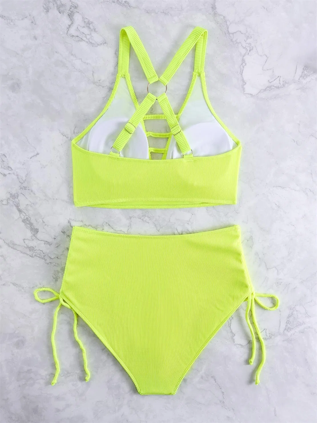 Женский бикини-сет с высокой талией, ribbed fabric, Light Green — фото 4