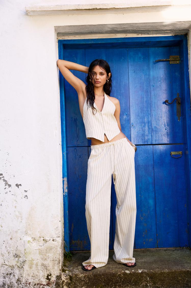 

Полосатые деревенские брюки Pull And Bear, экрю