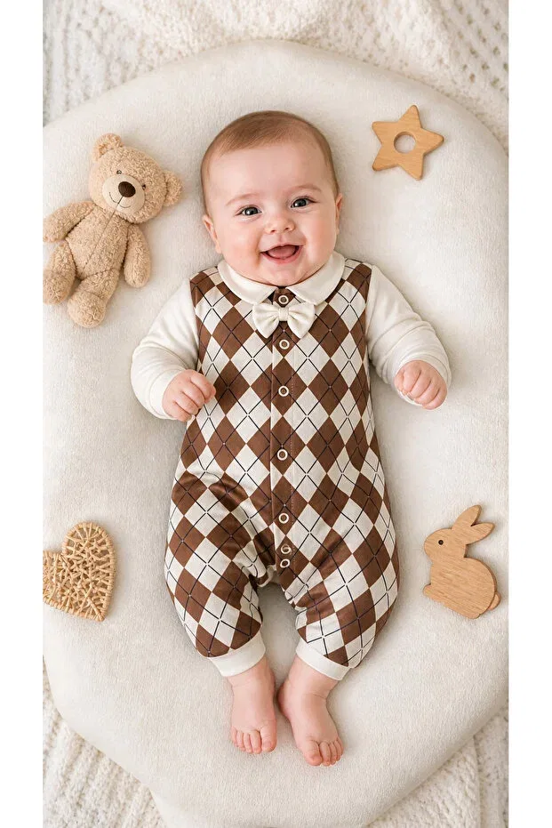Детский комбинезон для мальчиков в клетку с галстуком-бабочкой Basics My Babies Label, Brown
