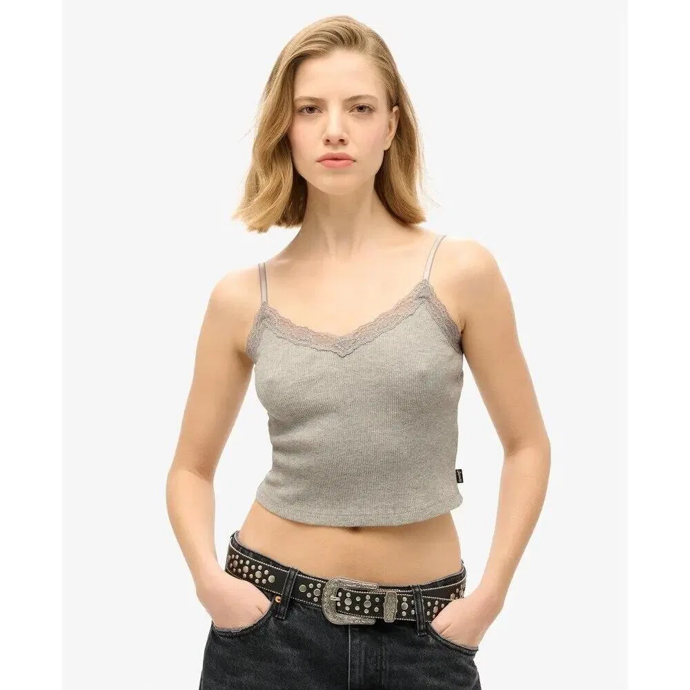 Женский укороченный топ с кружевом Superdry Essential, Grau / Betongrau — фото 2