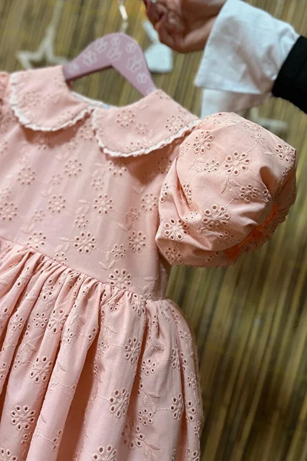 Детское платье для девочек с коротким рукавом Balloon Sleeve Lace Baby Scallop Dress Bertuğ Bebek, Salmon — фото 2
