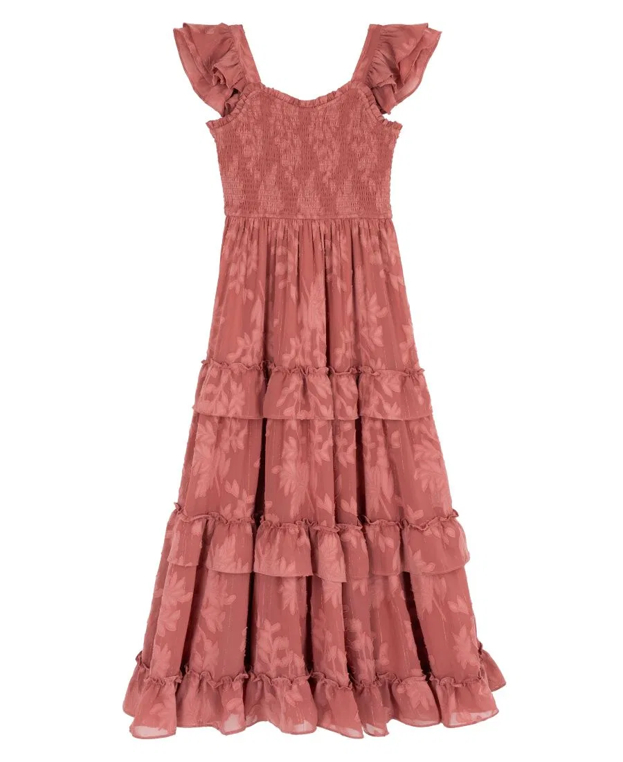 Платье макси из шифона с запахом и рюшами, модель Burnout Chiffon Smocked Sweetheart Neck Tiered Maxi Dress Rare Editions, Rose — фото 4