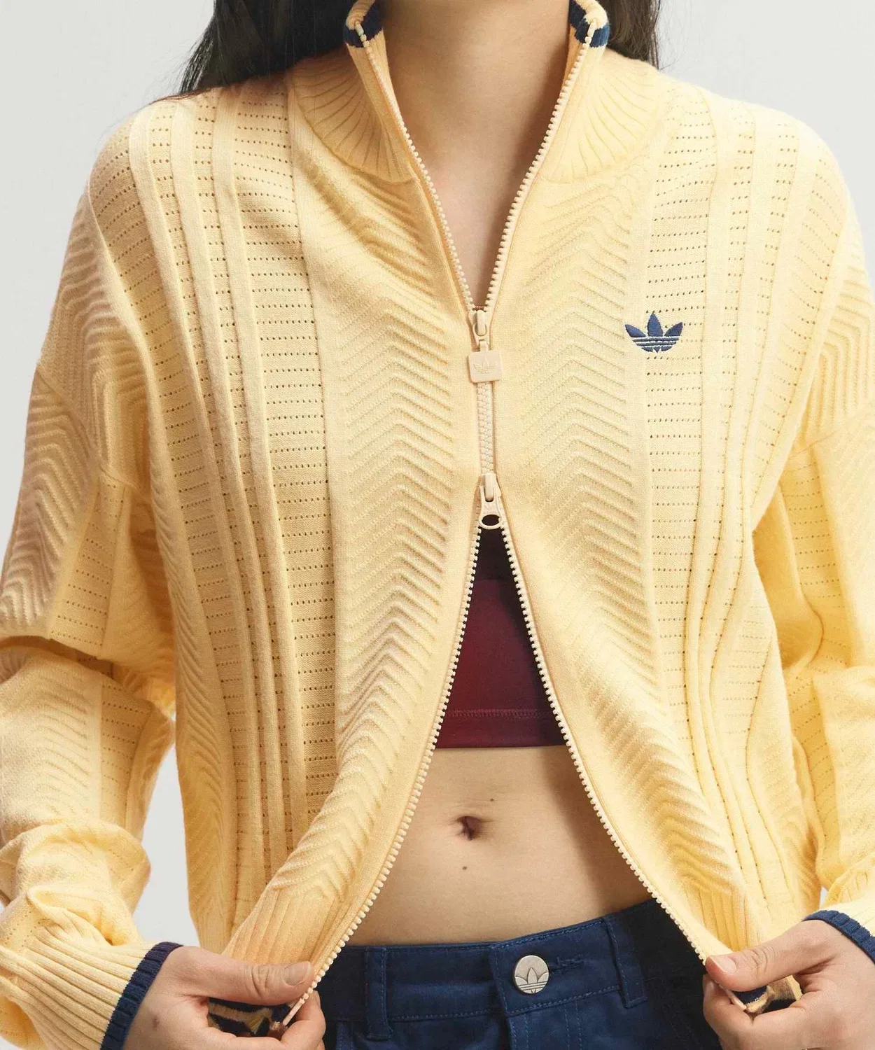 Женский лонгслив с воротником и молнией Firebird Cable Knit Track Top Adidas, Light Yellow — фото 4
