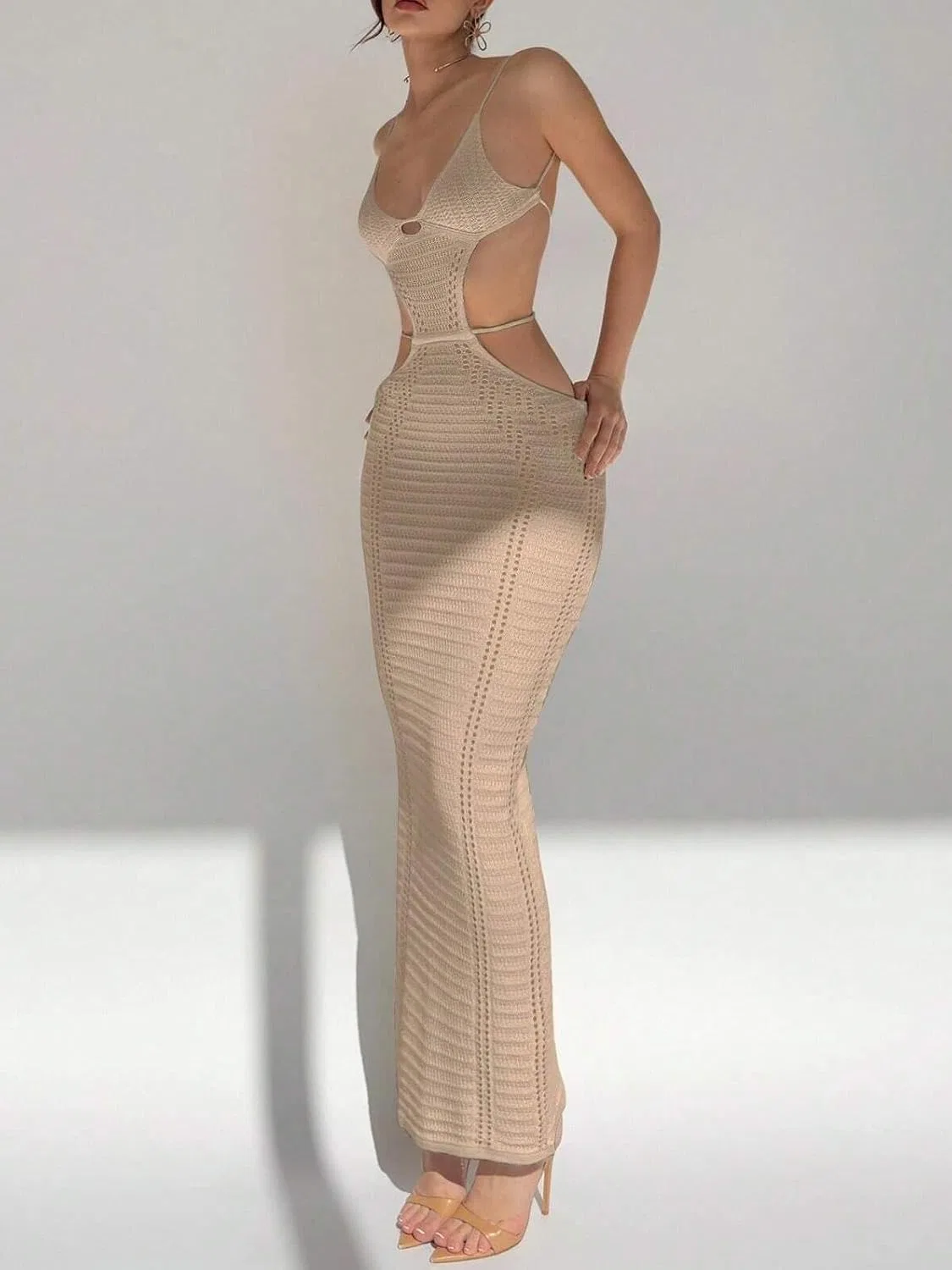 Женское длинное платье с U-образным вырезом и вырезами Knitted, Apricot — фото 3