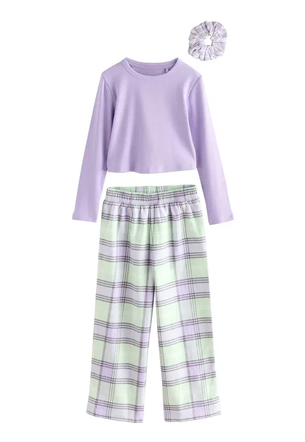 Пижамный комплект с резинками для волос, хлопок, Regular fit - 2 pack with hair scrunchies set, Next, purple, green, зеленый/фиолетовый — фото 2
