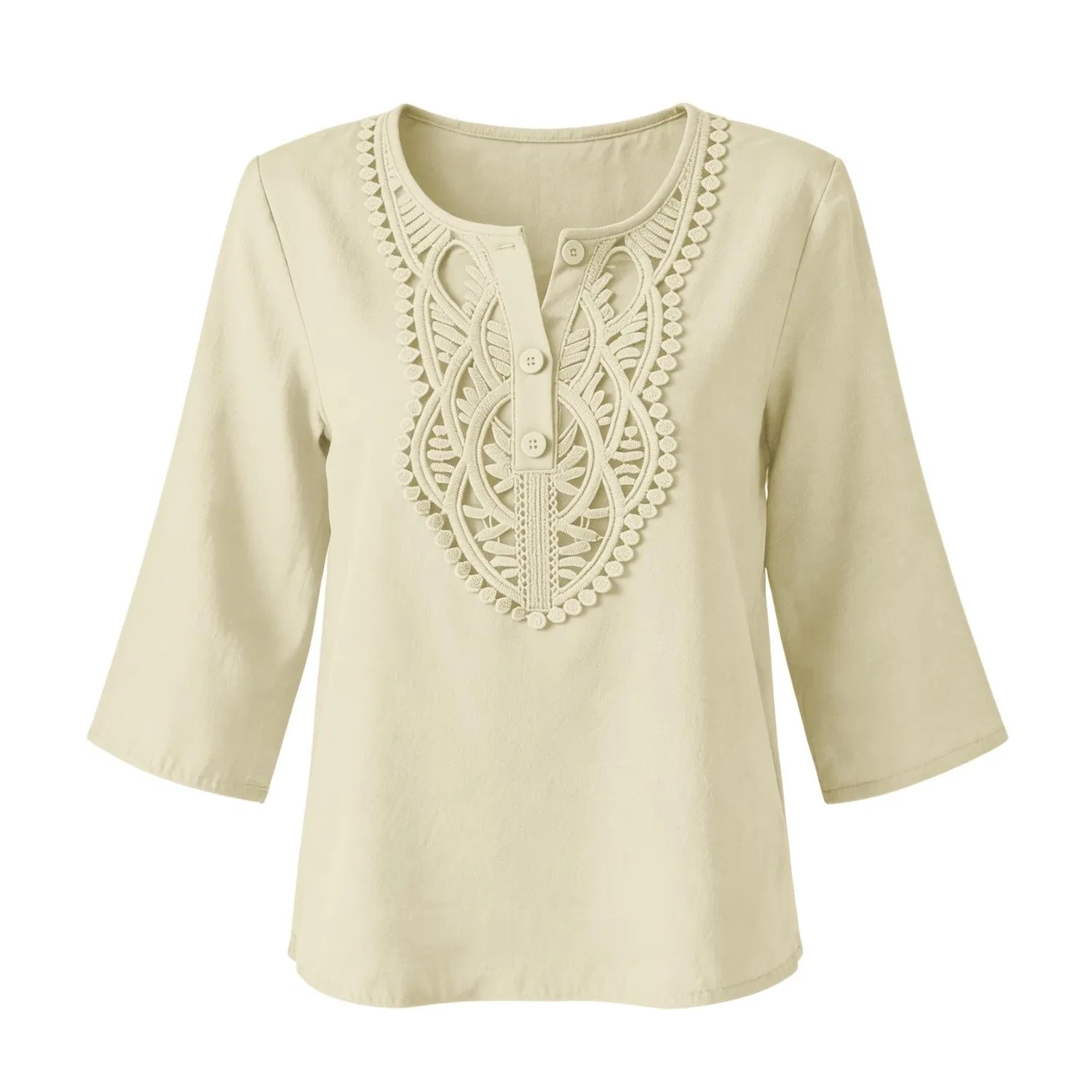 Женская льняная туника с вышивкой Retro 3/4 Sleeve Boho Casual Loose Fit Lightweight Summer Beach Blouse, A-beige — фото 4