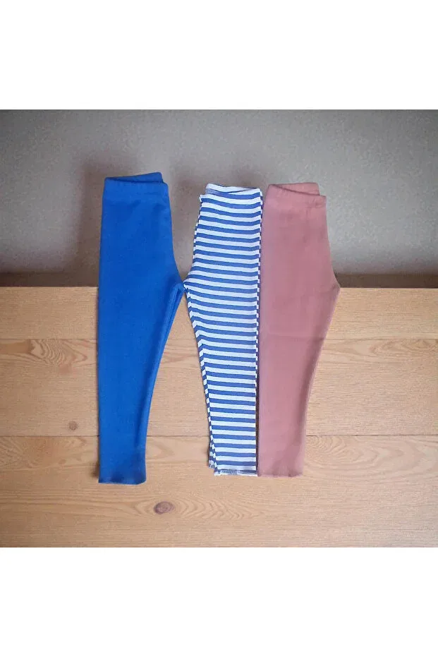 Детские леггинсы для девочек хлопковые 3-предметный набор Fun Kids Colthinig, Blue-Striped-Blue-Rose-Pink — фото 2