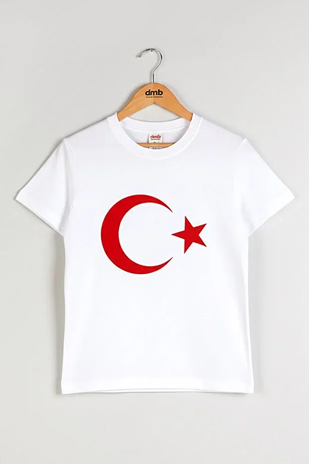 Детская футболка с принтом Crescent Star Turkish Flag Printed Cotton 23 April Dmb Boys & Girls, White — фото 2