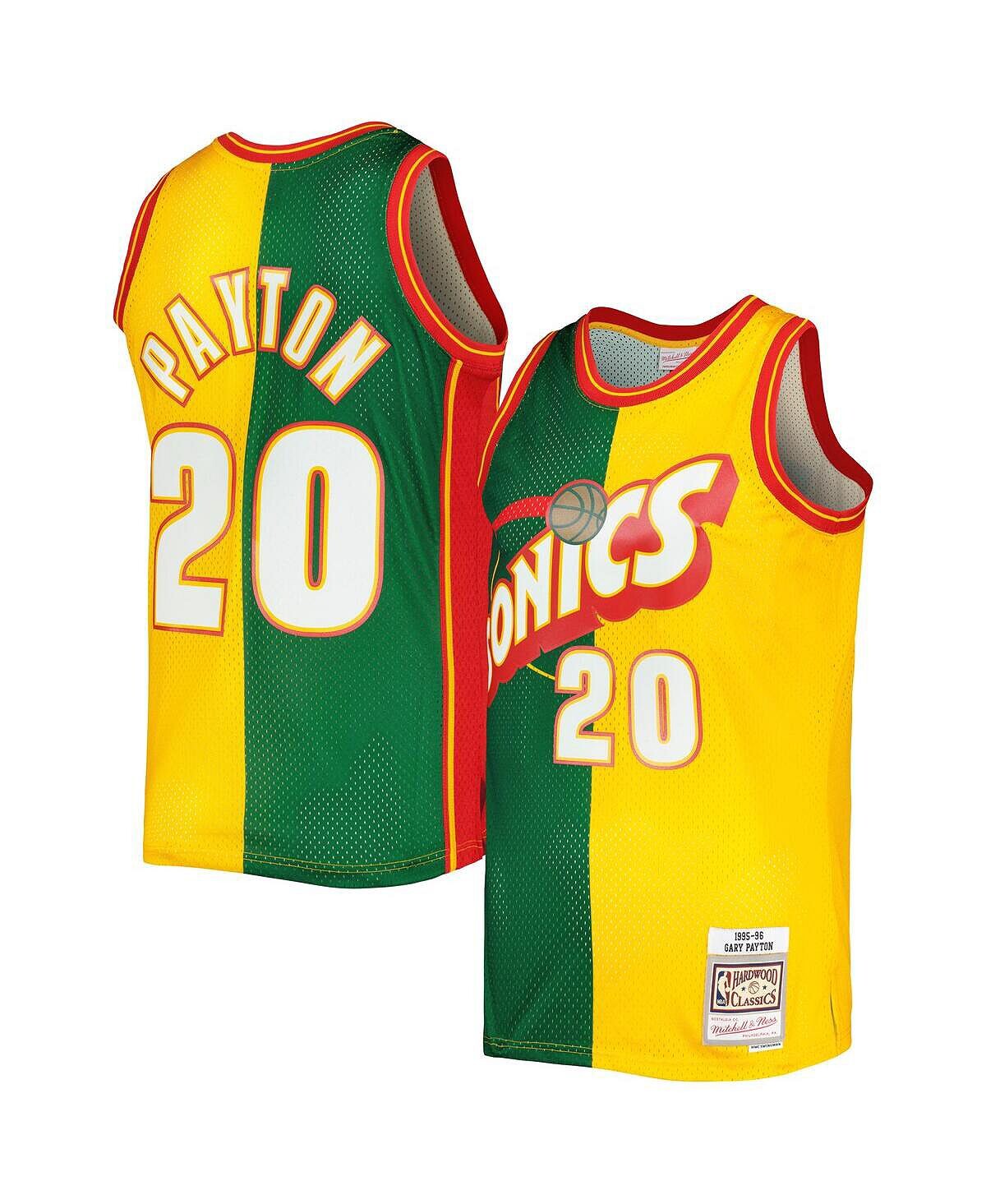 

Мужская футболка gary payton green, gold seattle supersonics hardwood classics 1995-96 split swingman jersey Mitchell & Ness, мульти