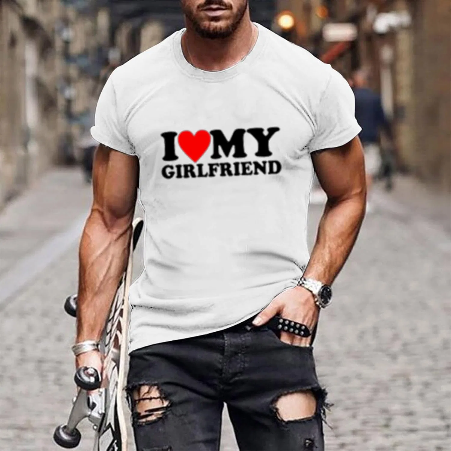 Мужская футболка с принтом I Love My Girlfriend Slim Fit, White — фото 2
