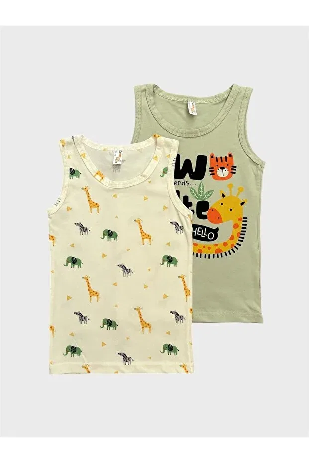 Детский комплект маек для мальчиков хлопковый Safari Patterned Elmas Kids, Ecru Green — фото 2