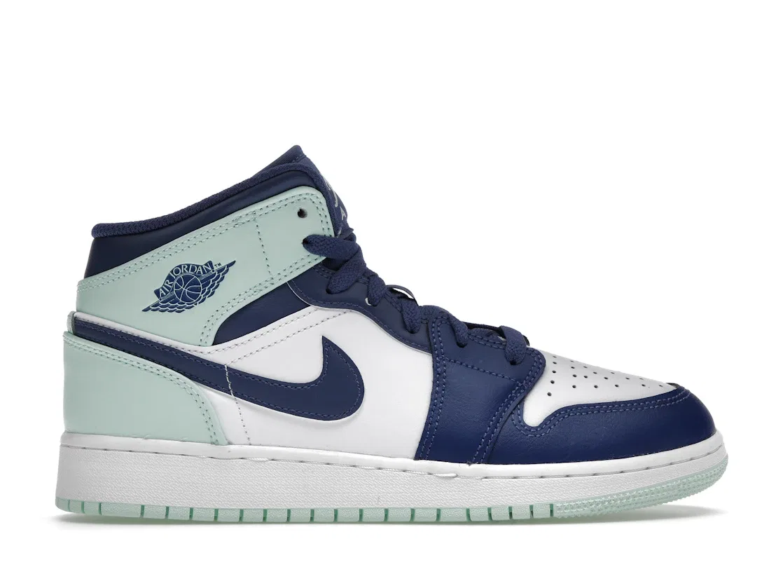 Детские кроссовки с кожаным верхом Jordan 1 Mid Mystic Navy Mint Foam Jordan, Mystic Navy/White/Mint Foam