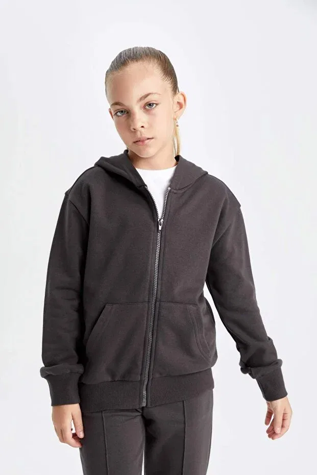 Детский кардиган на молнии с капюшоном Anthracite Basic Plain Hooded Zippered School Cardigan for Girls Defacto, Anthracite-Ar227