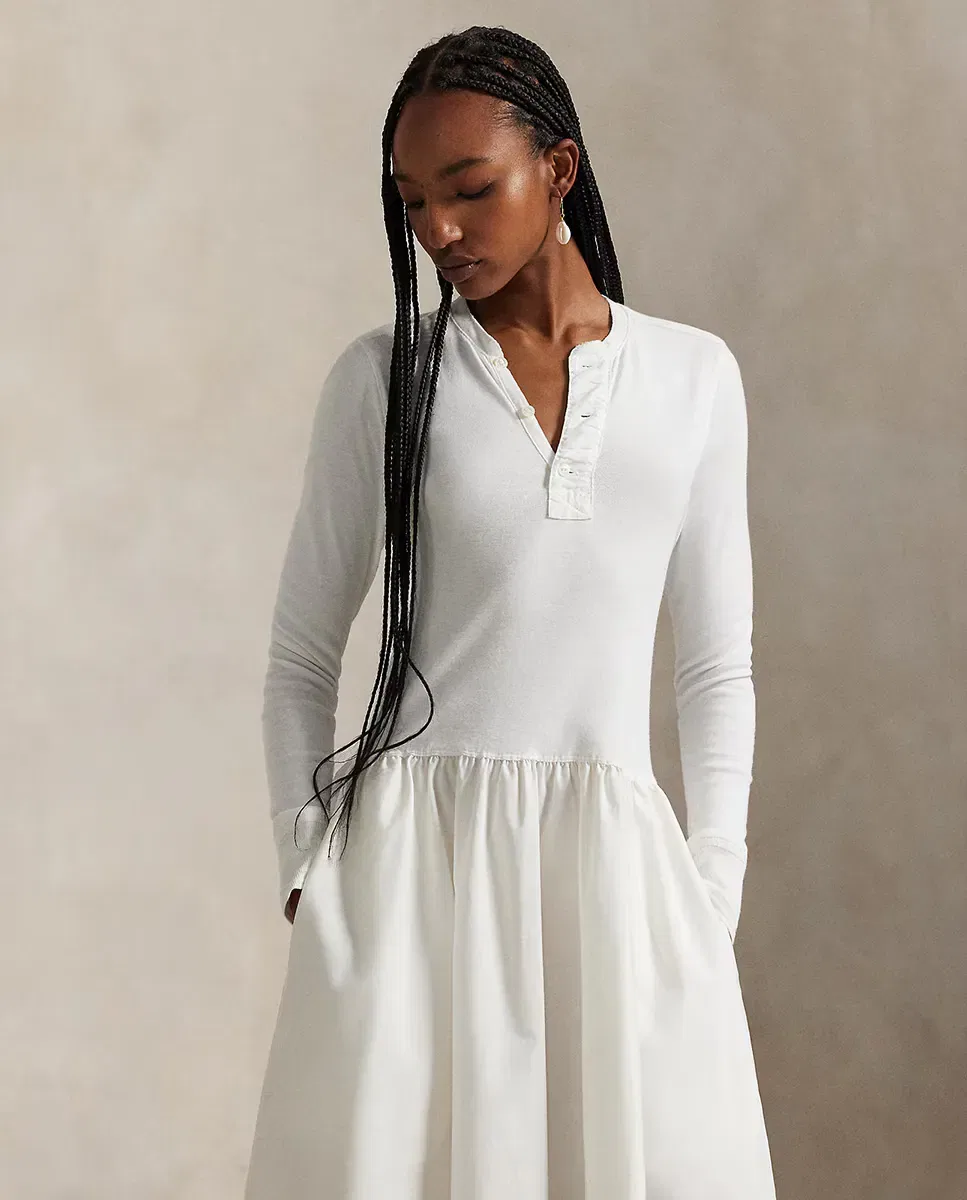 Женское платье хлопковое с длинным рукавом Polo Ralph Lauren, Blanco — фото 3