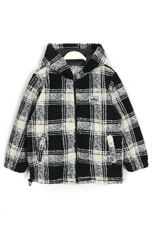Детская куртка для девочек с принтом Pocket detailed hooded plaid patterned boy's fleece jacket black and white Dobakids, Black - White