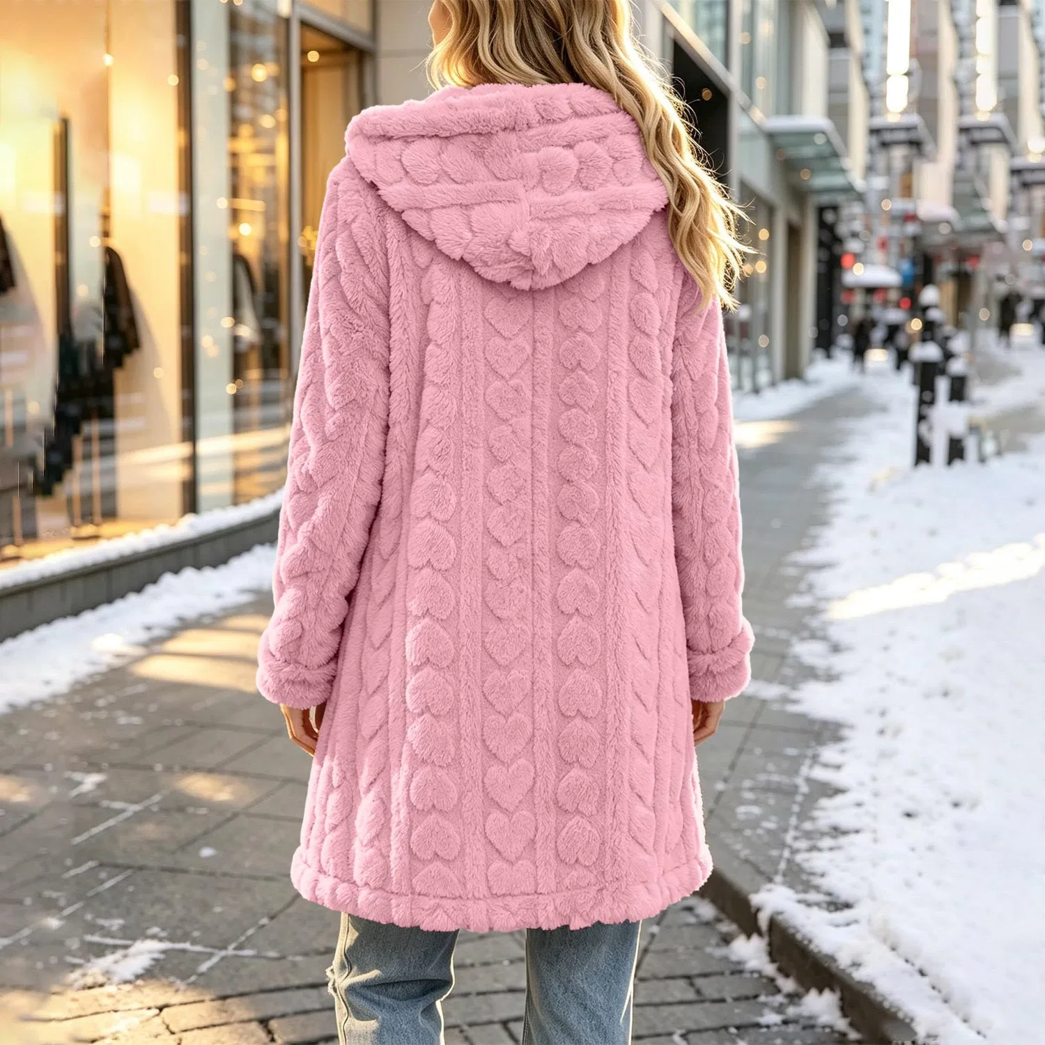 Женское утепленное пальто из флиса с принтом, rosa — фото 2