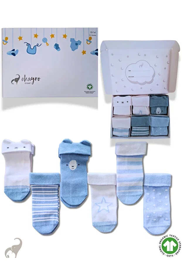 Детский набор носков для мальчиков хлопковый Set of 6 100% organic cotton newborn baby boy socks - gift boxed for baby shower Okayro Organic, Multicolor