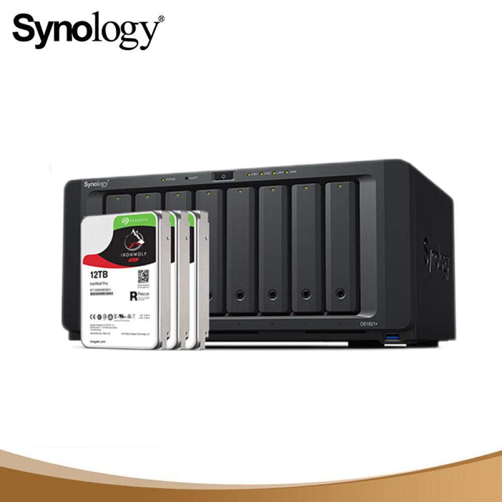 

Сетевое хранилище Synology DS1821+ с 8 отсеками и тремя жесткими дисками Seagate IronWolf Pro ST12000NE0008 12 ТБ