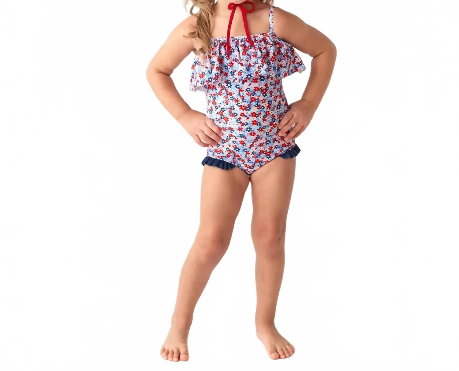 Детский слитный купальник с оборкой и защитой UPF 50+ Red White and Bloom RuffleButts, Red White And Blue
