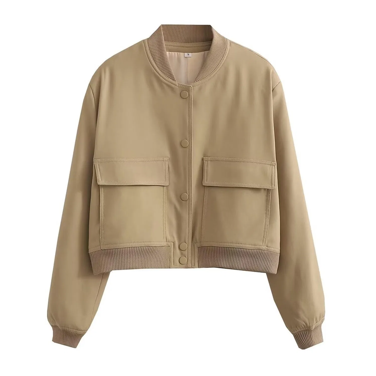 Женская куртка со стоячим воротником и большими карманами с блестками, dark khaki — фото 3