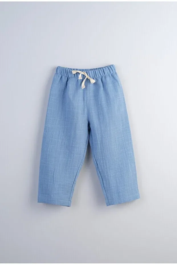 Детские брюки для девочек хлопковые Flamed muslin loose fit unisex kids' trousers 100% cotton blue Bondberro, Dirty Blue