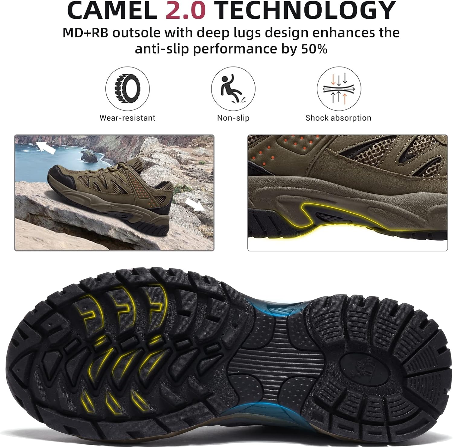 Мужские походные кроссовки CAMELSPORTS, легкие, с противоскользящей подошвой, дышащие, низкие, для прогулок на открытом воздухе, трекинга, пеших походов и скалолазания, хаки — фото 3