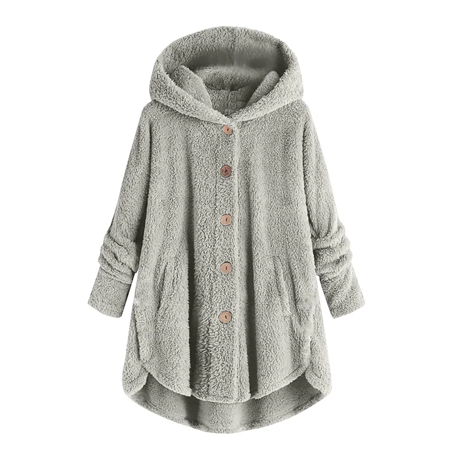 Женское утеплённое пальто из флиса с капюшоном и карманами, 01 Grigio