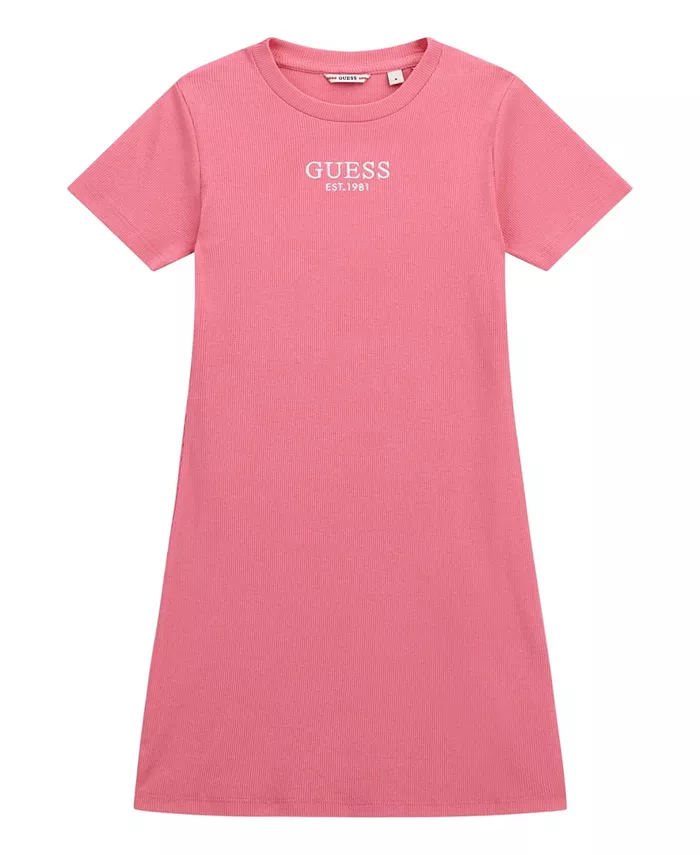 

Платье с коротким рукавом Big Girl из ребристой ткани с вышитым логотипом GUESS, розовый