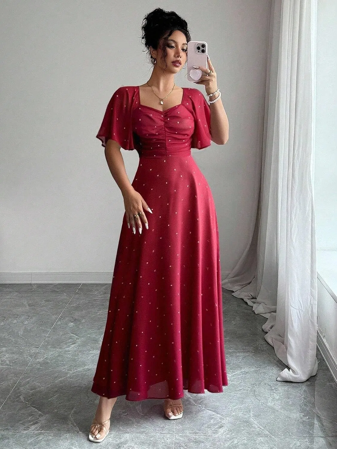 Женское элегантное платье с летучей мышью A-line, Red — фото 4