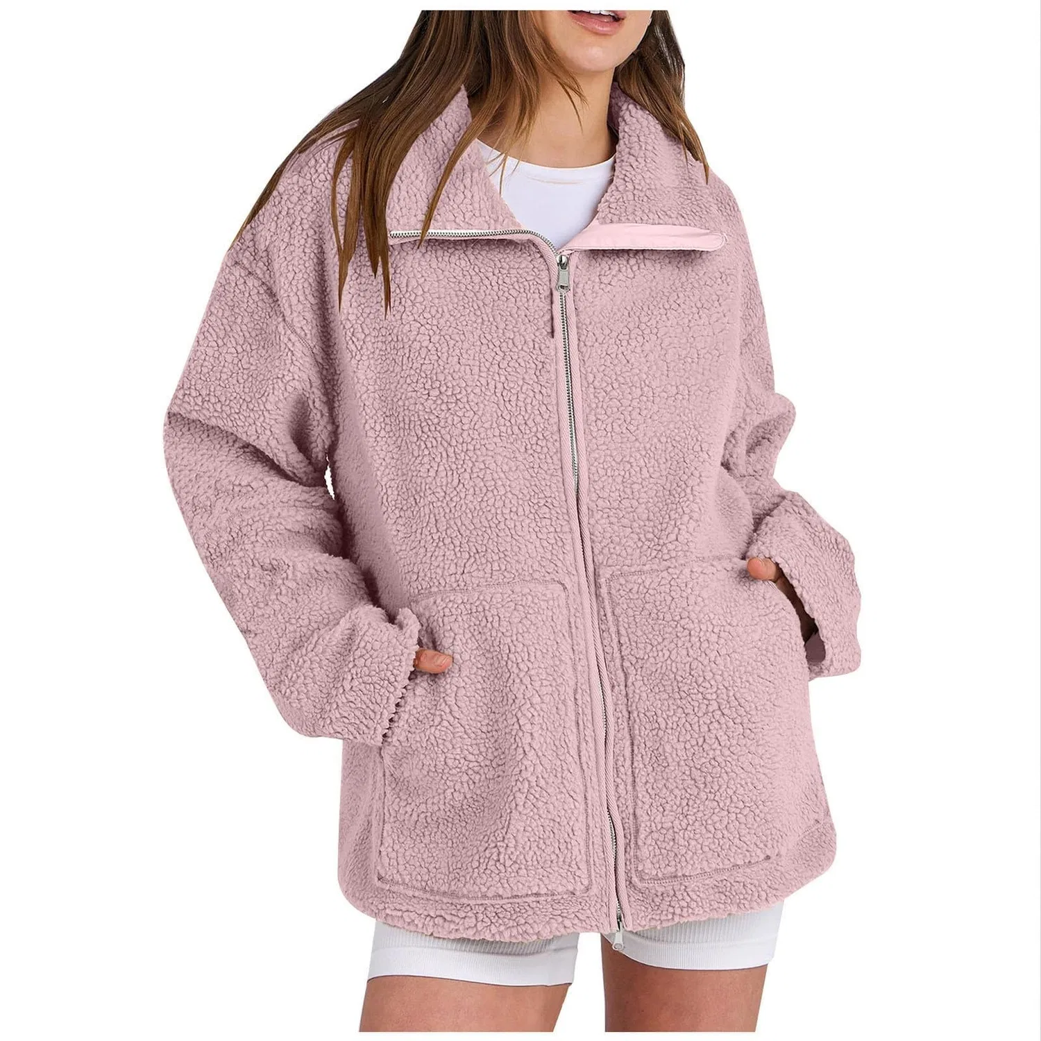 Женское зимнее пальто из флиса Sherpa с молнией, rosa