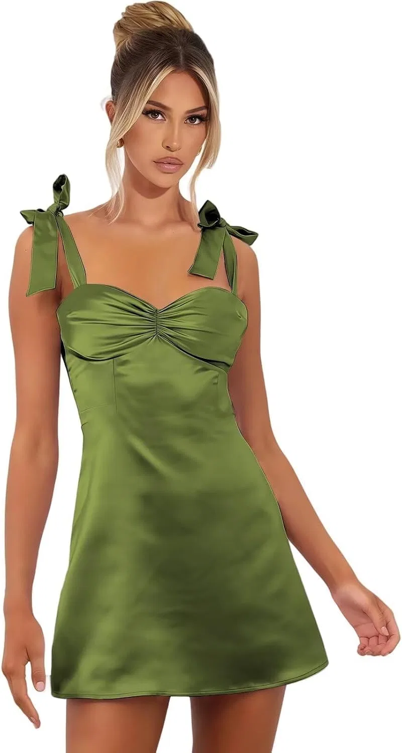 Женское короткое атласное платье с бантом на бретельках A-силуэта, Olive Green