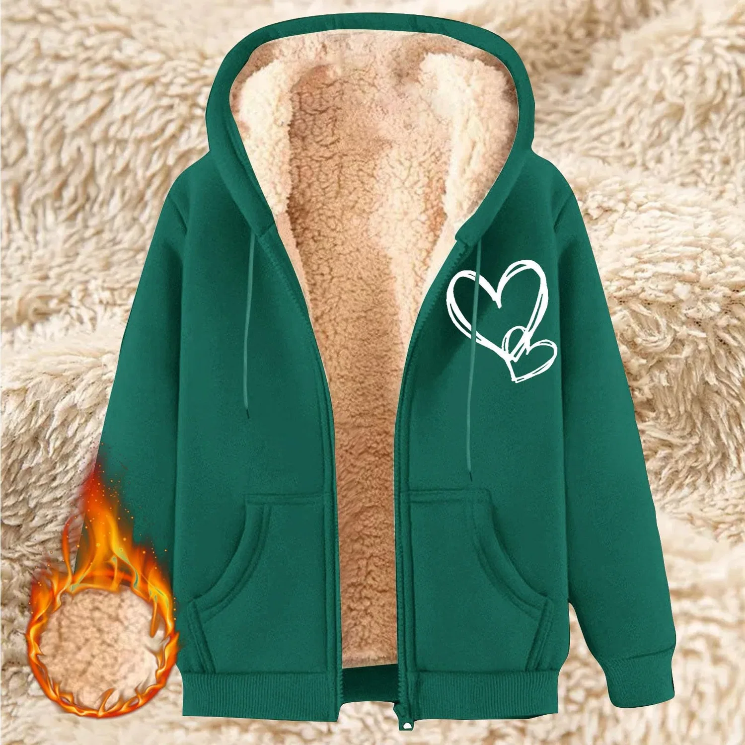 Женская куртка с капюшоном из флиса, с принтом, Women's Black Fleece Jacket with Hood, green — фото 2
