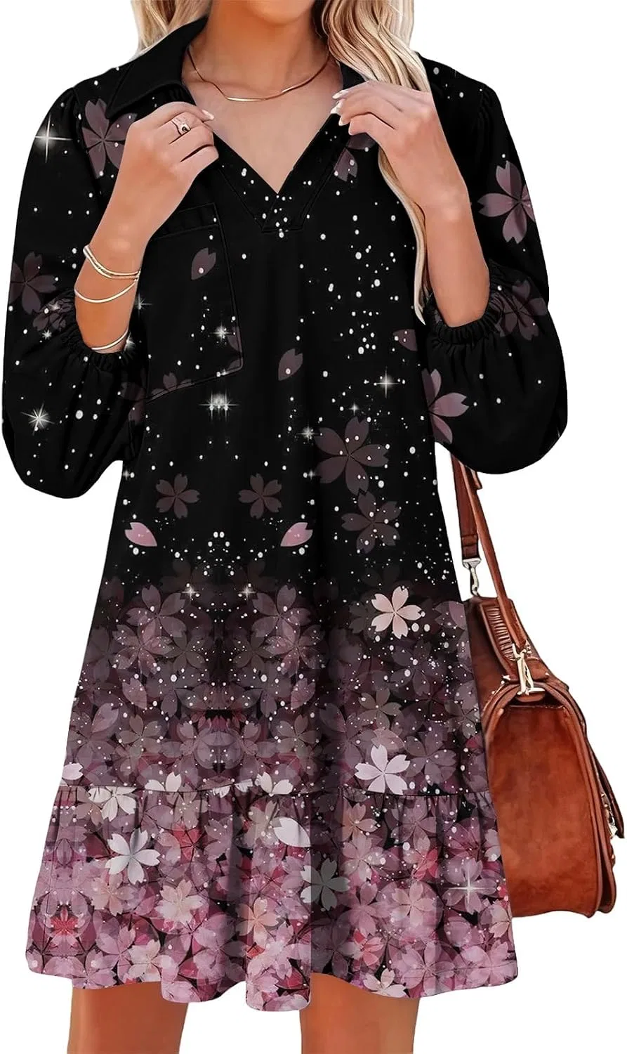 Женское плиссированное платье с отложным воротником, 3/4 рукав-фонарик Casual, Pink