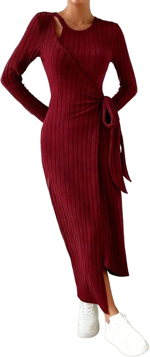 Женское облегающее платье с запахом и поясом Ribbed Knit Sweater Dress, 2