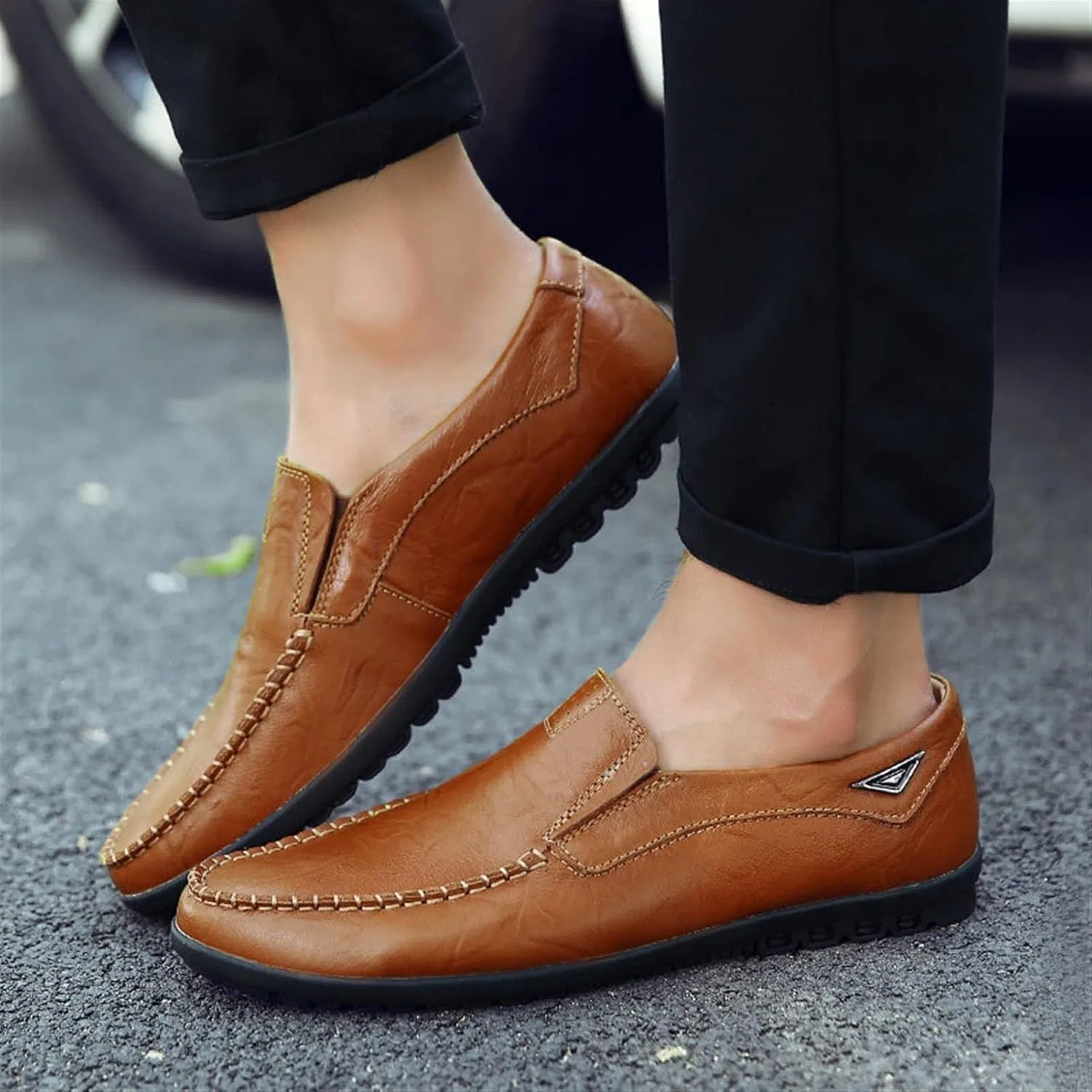 Лоферы из натуральной кожи, Mens, Loafers Genuine Leather Stitching Details Breathable Comfortable Resistant Flat Heel Fashion Wedding Slip On, красный/коричневый — фото 3